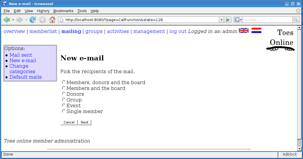 Screenshot: Send e-mail step one